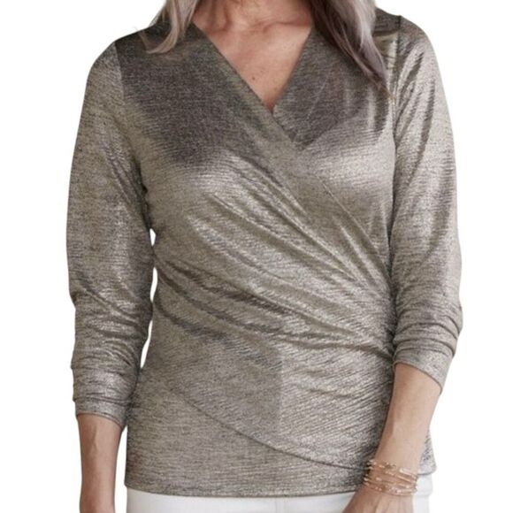 Soft Surroundings Metallic Faux Wrap Long Sleeve Top Size L Gold Silver Modest - Picture 1 of 7